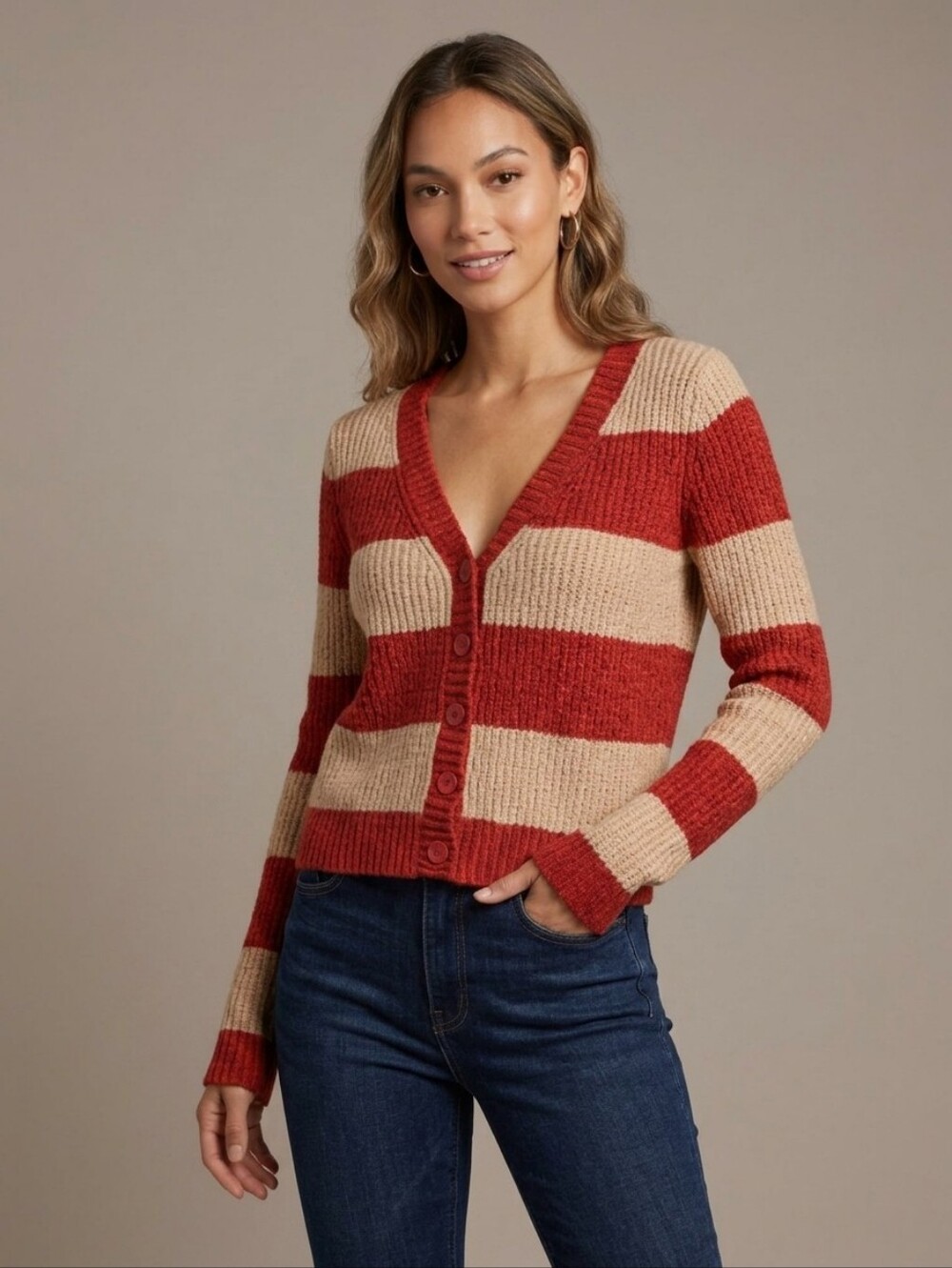 Women's American Eagle Striped V-Neck Chunky Button-Up Sweater Medium